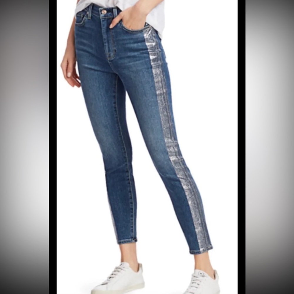 7 For All Mankind - High Waist Ankle Skinny Silver Stripe Women Jeans - Size 24